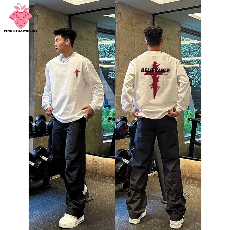 

American HipHop Cross Print T-shirt Men Autumn 2025 New 100% Cotton Long sleeves Tee Loose Workout Shirt Y2k Top mens clothing