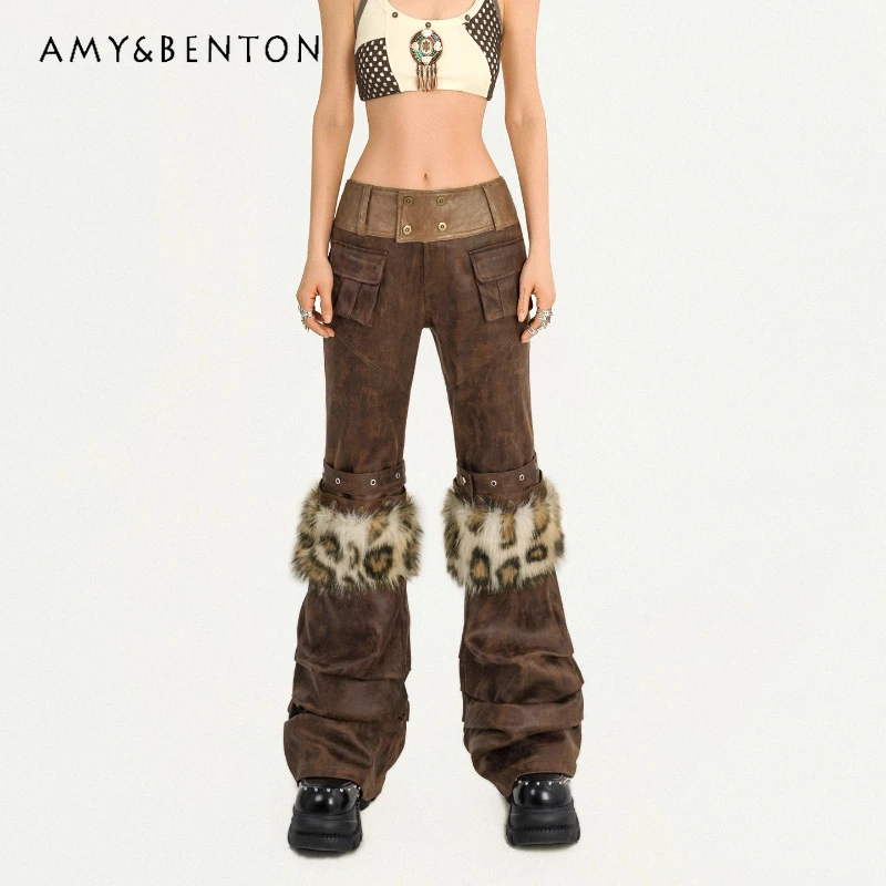 

2025 Autumn Winter New Design Women's Leather Pants Fur Splicing Punk Design Retro Hot Girl Sexy Slimming Long Trousers Ladies