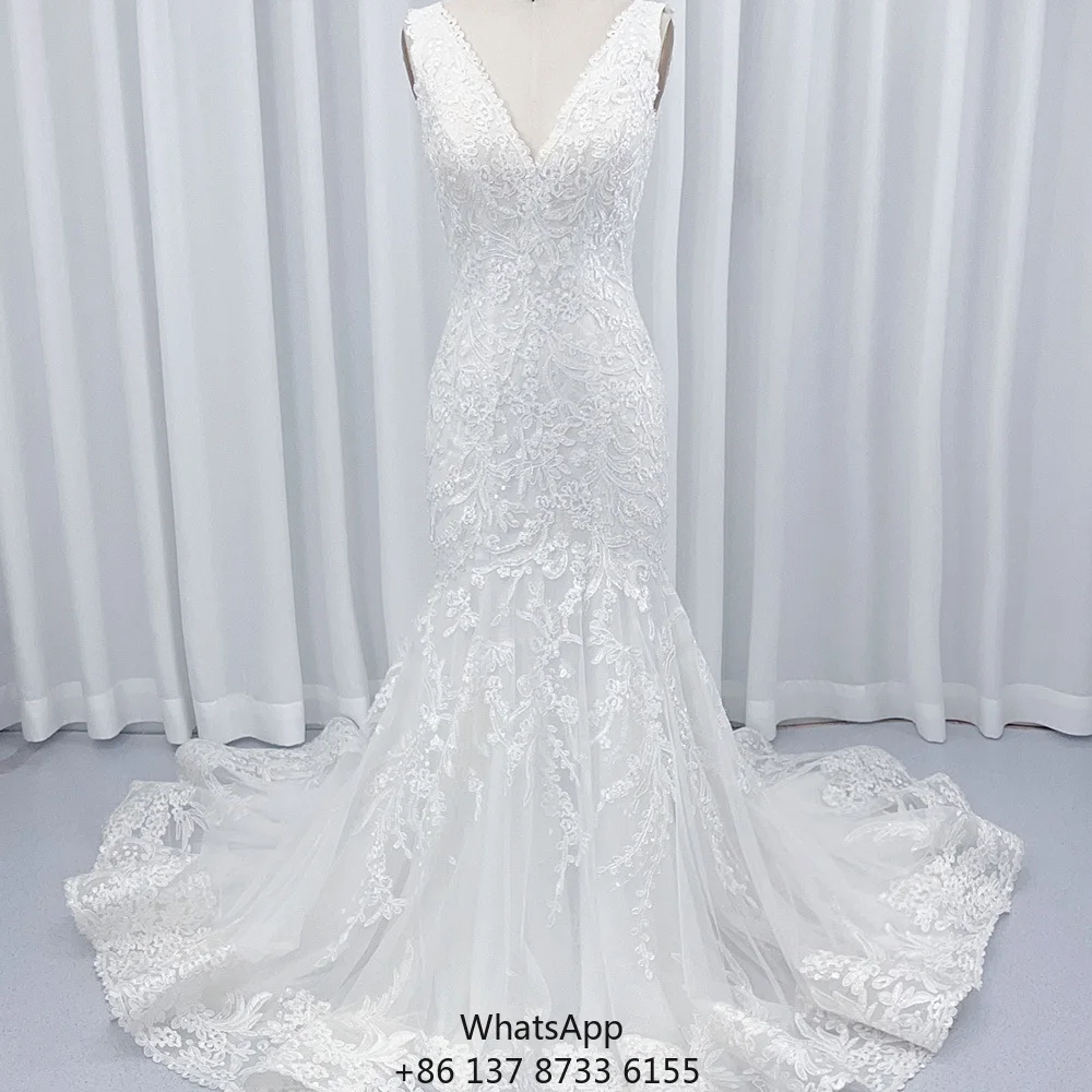 

HX55 Modern Vintage V-Neck Slim Mermaid Wedding Bridal Gowns Floor-Length Dresses Sequined Lace Crystal Appliques