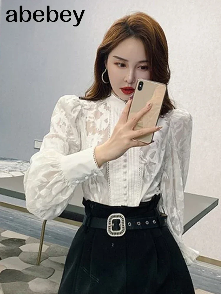 Korean Shirts For Women Stand Collar Puff Long Sleeve Patchwork Buttons Designer  Loose Blouses Female 2024 w