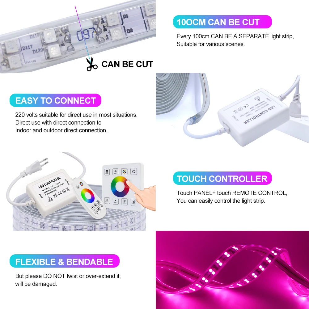 Dwurzędowa taśma LED 220 V RGB 5050 Panel dotykowy Pilot 120 diod LED/m IP67 Wodoodporna elastyczna taśma wstążkowa Lampa liniowa