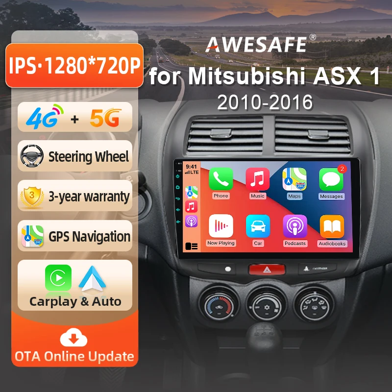 AWESAFE Radio Android 10 pouces pour Mitsubishi ASX 1 2010-2018, CarPlay sans fil et Android Auto, navigation GPS, support multimédia, commande au volant, amplificateur de subwoofer, caméra arrière, prise EU, Plug and Play, DAB+, autoradio numérique 2DIN, stéréo RDS DSP FM WIFI