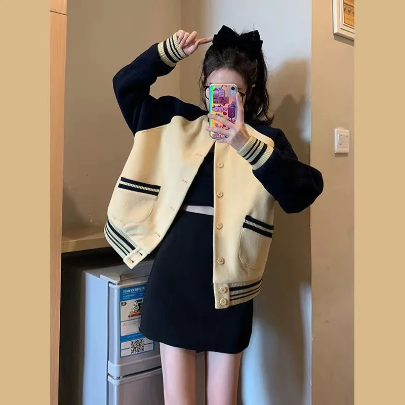 2026 Spring And Autumn New Thin Color-Block Baseball Jacket Women, American Retro Style, Loose Long-Sleeve Coat For Petite Women