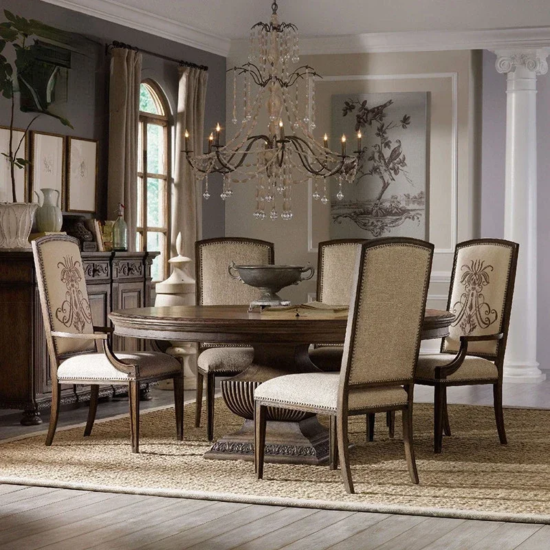 

Luxury solid wood dining table Neoclassical carved round dining table and chair set Simple French country furniture