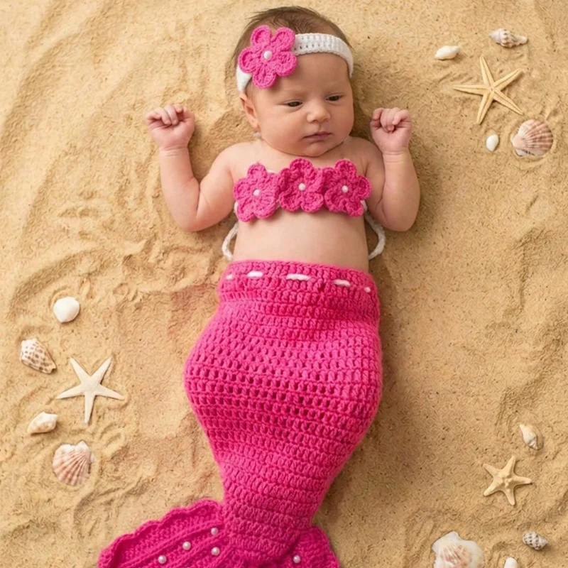 Newborn Photography Props Handmade Crochet Mermaid Tail Outfit Baby Girl Photo Shoot Costume Infant Shower Gift BraHeadband 3pcs
