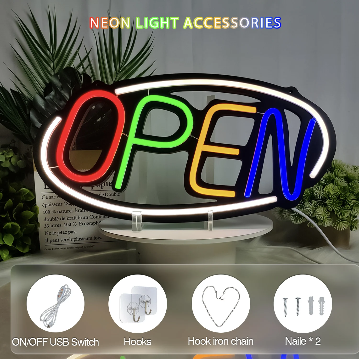 1 لافتة نيون مفتوحة تجارية، شاشة عرض ملونة لوحة إعلانية نابضة بالحياة، مثالية للمحلات التجارية والمطاعم والحانات والفنادق