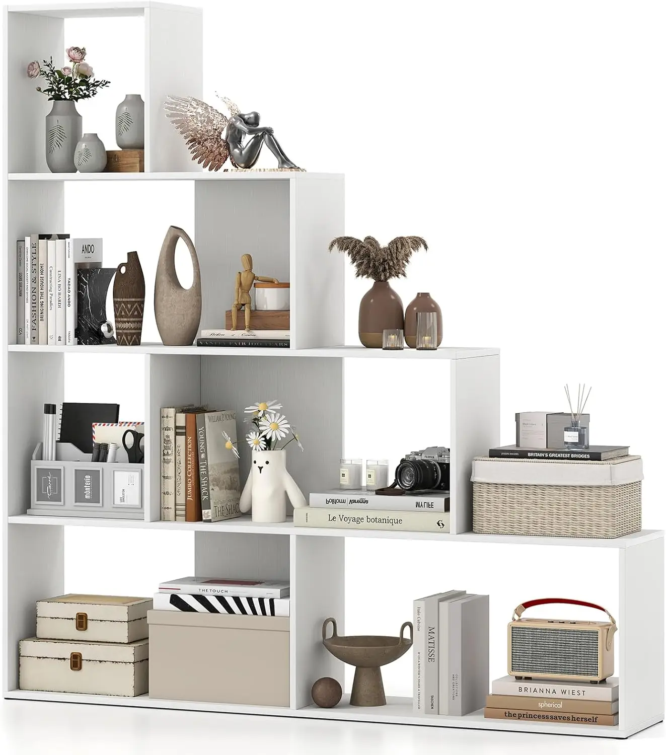 

6 Cube Geometric Bookshelf White, 4-Tier L-Shaped Bookcase with Cubes, Freestanding Ladder Corner Display Shelf w/Anti-T