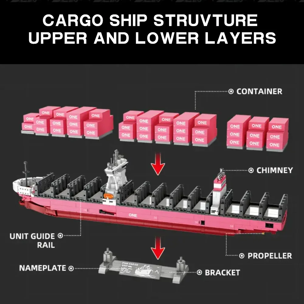 Creative Bricks Puzzle Pink Cargo Ship Container Boat  Model MOC Kits Vessels Building Blocks Toys Adult Birthday Gifts 1446Pcs view 3