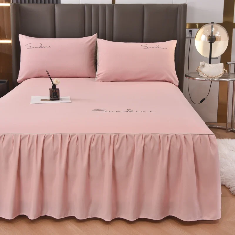 Pink Embroidered Bed Skirt for Bed Wrap Around Luxury Bedding Skirt Decorative Dust Ruffle Bed Sheet Dustproof Soft Bedspread