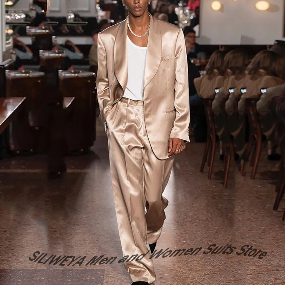 

Stain Suits for Men Elegant 2Piece Set Shawl Lapel Single Button Loose Fit Blazer+Pant Smart Casual Office Wedding Guest Costume