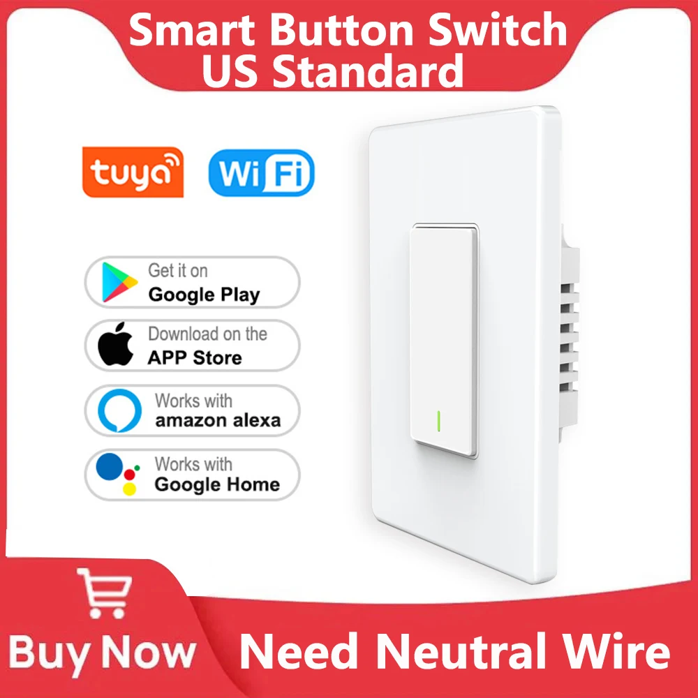 Tuya Smart Wall Switch US Push Button Light WiFi Switches Work With Alexa Google Home Smart Life Voice Control Need Neutral Wire