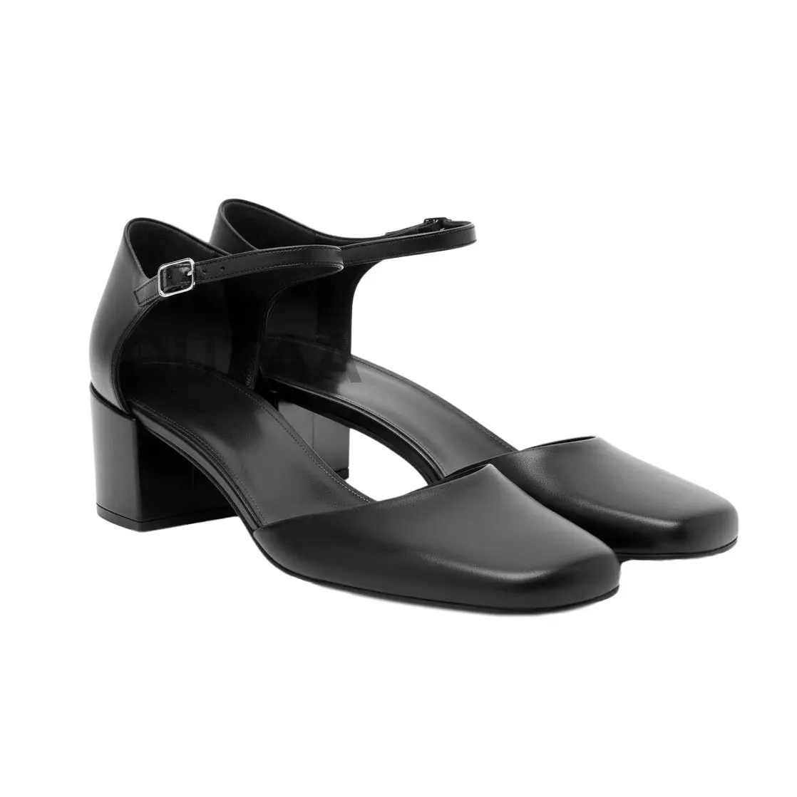 Women's Leather Square-Toe High Heel Pumps with Buckle Strap