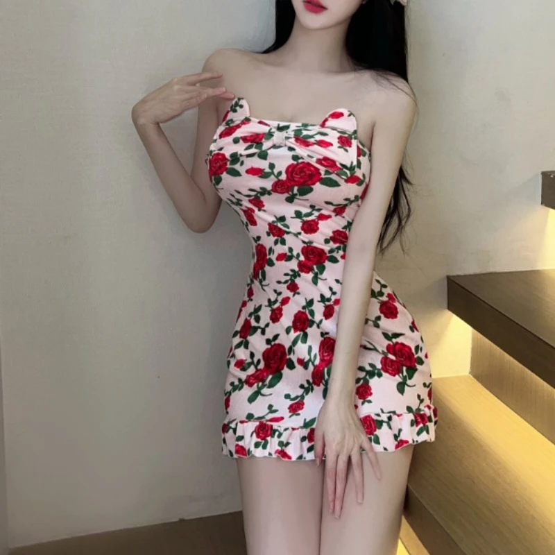 Nieuwe stijl slanke roos bedrukte heuprok voor dames Pure en stijlvolle slanke ruches splitsjurk