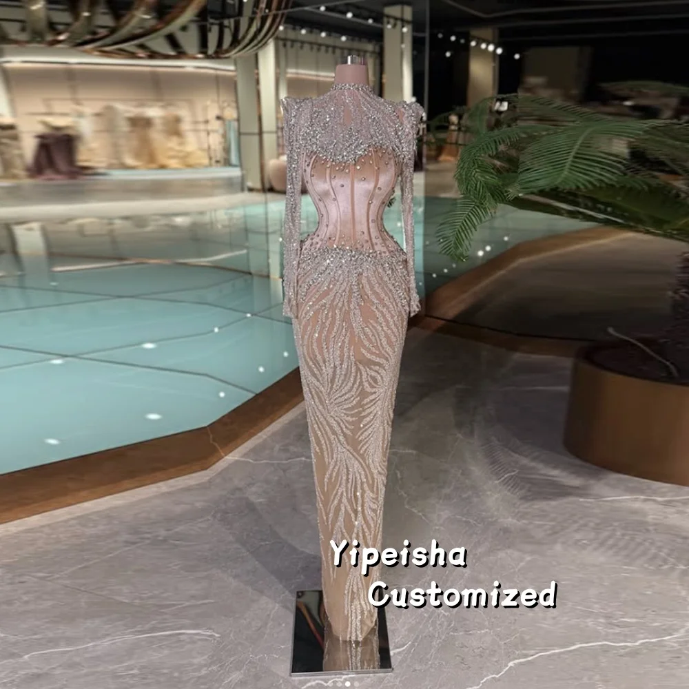 Maßgeschneidertes Luxus-Abschlussballkleid mit hohem Kragen, verführerisches, perlenbesetztes Abendkleid, transparente Ärmel, glitzerndes formelles Partykleid, Vestidos De Noche
