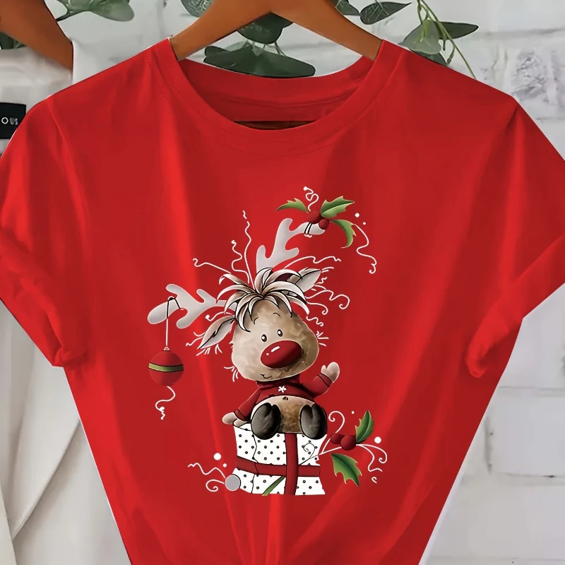 

Женская футболка с короткими рукавами и принтом с рождественским узором — повседневный топ с круглым вырезом, праздничные олени и праздничные элементы