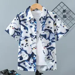 Hawaiian Shirt Children Summer Girl Clothes Tops Turndown Collar Kawaii Game Print Tees 2024 Kid Clothes Boy Short Sleeve Shirts