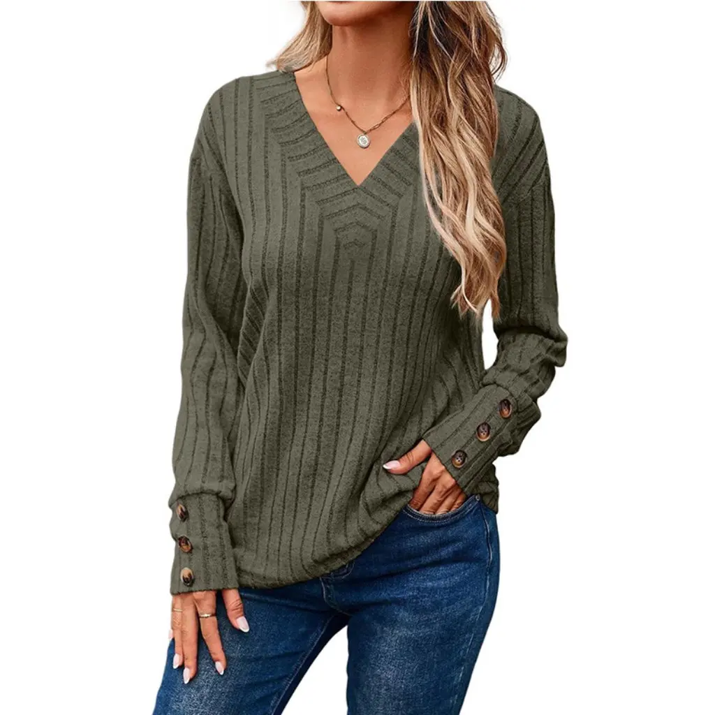 

Women's Long Sleeve V-Neck Shirt Autumn Winter Solid Color Button T-Shirt New Arrival from Europe And the United States