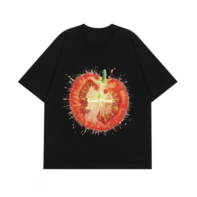 

2025 Summer Tomato Explosion Tomato Battle Printed Pure Cotton T-shirt for Both Men and Women Casual and Versatile Street Wear