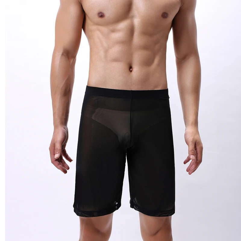 Herren-Boxershorts mit langem Bein, atmungsaktiv, durchsichtiges Netzgewebe, Sporttraining, schnell trocknende Boxershorts, durchsichtige Unterteile, Sportbekleidung
