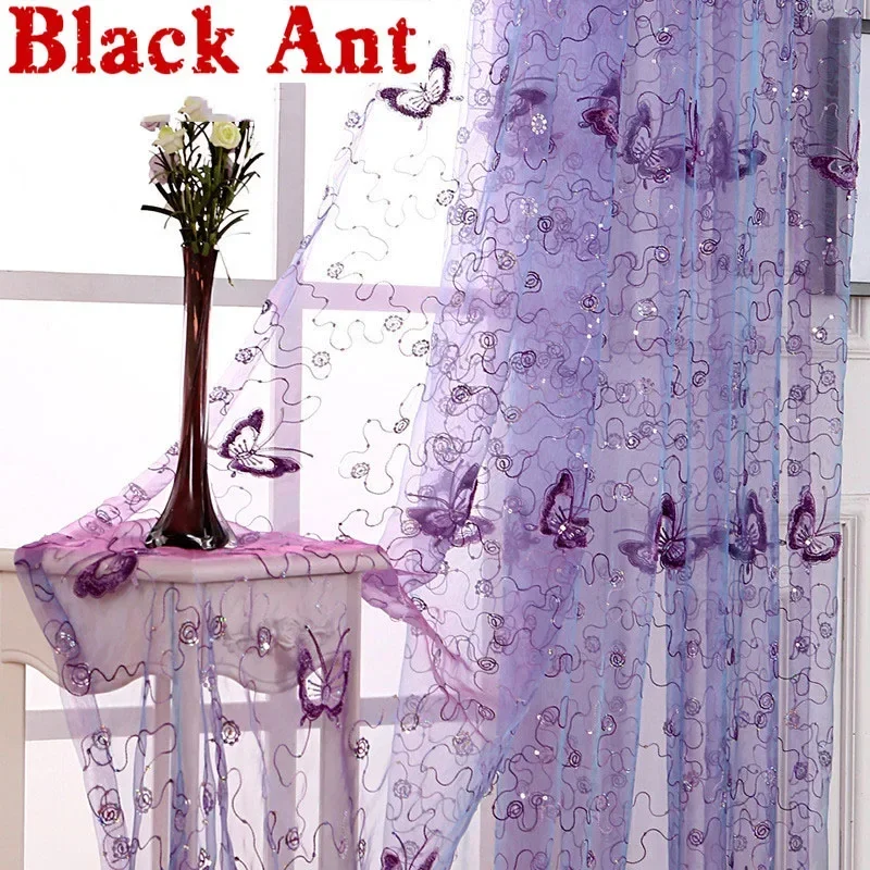 

French Romantic Shining Butterfly Embroidered Voile Curtain Panel Window Home Textile Bedroom Curtains Tulle Cortinas X-WP34420