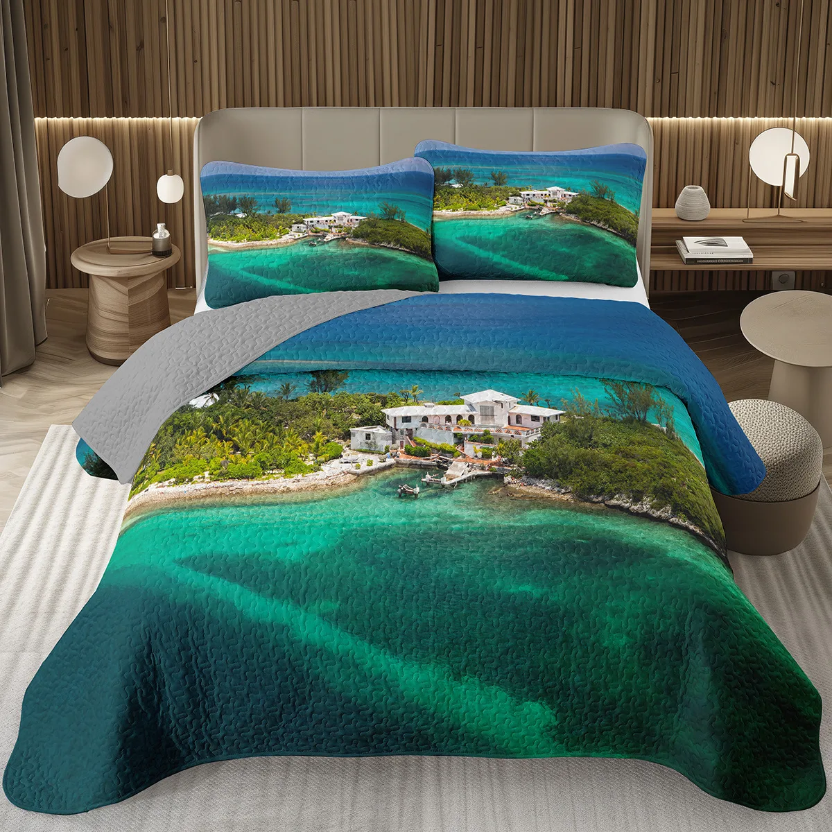 Ocean Bedspread Twin Queen Summer Beach Quilted Bedding Set Hawaiian Vacation Style Coverlet Set Tropical Palm Tree Bed Cover