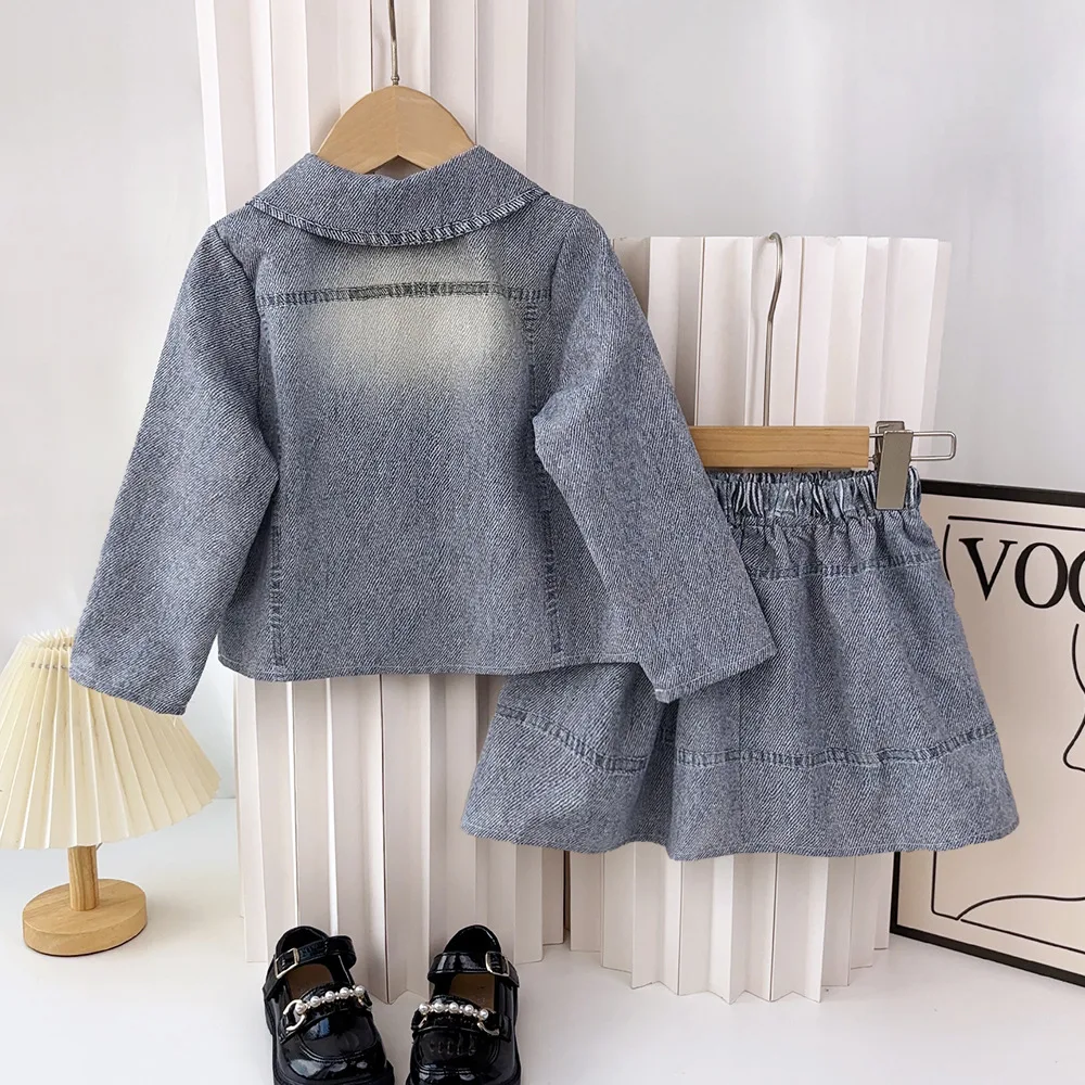 Spring and autumn blue retro lapel long sleeve girls denim coat pleated skirt suit fashion two-piece 100-140cm