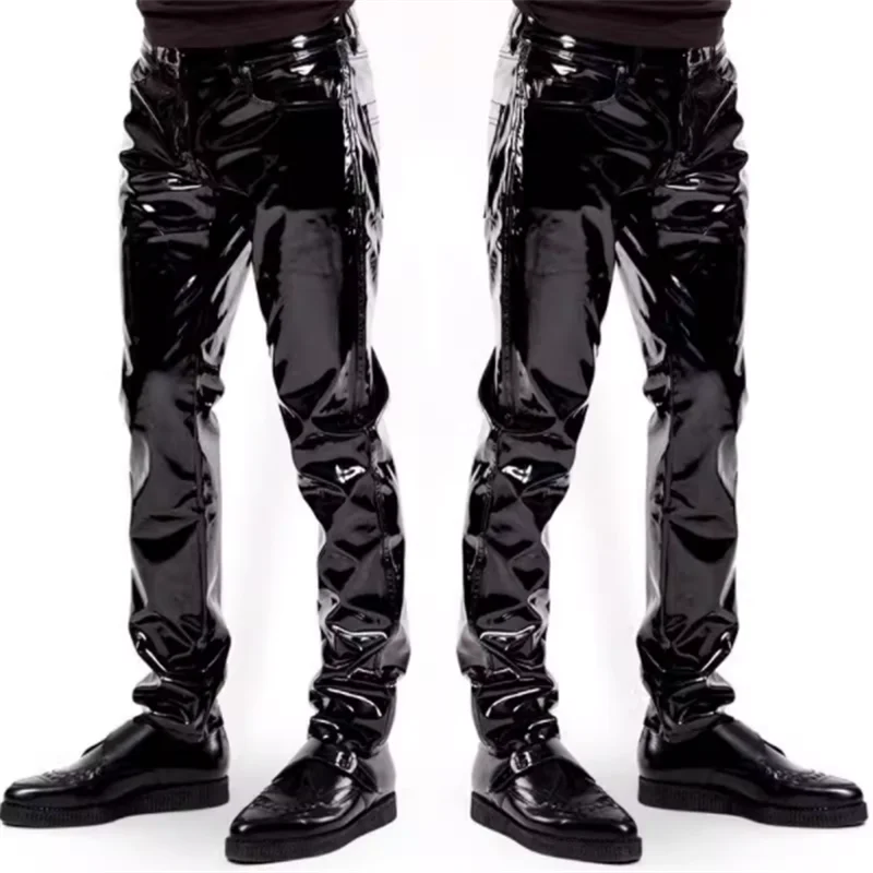 

2023 autumn new male Korean version of tight high gloss patent leather pu leather pants straight leg performance stage black