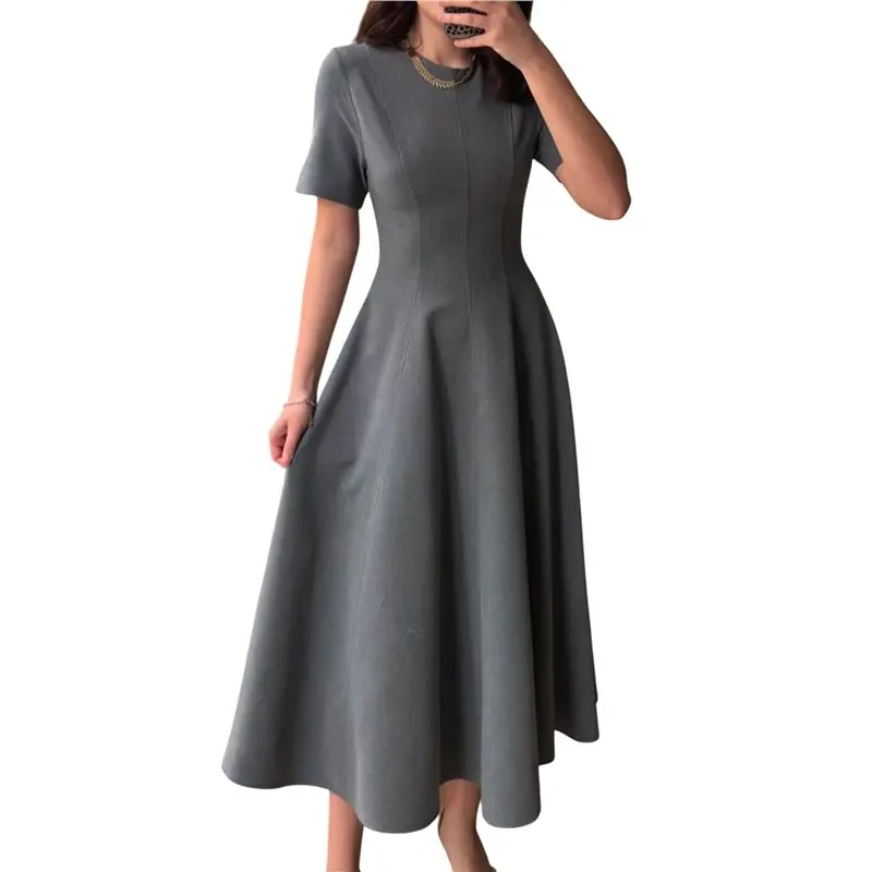 

CYL-Women's Autumn Elegant Classic Round Neck Short Sleeve Midi A-Line Flowing Elegant Winter Party Dress