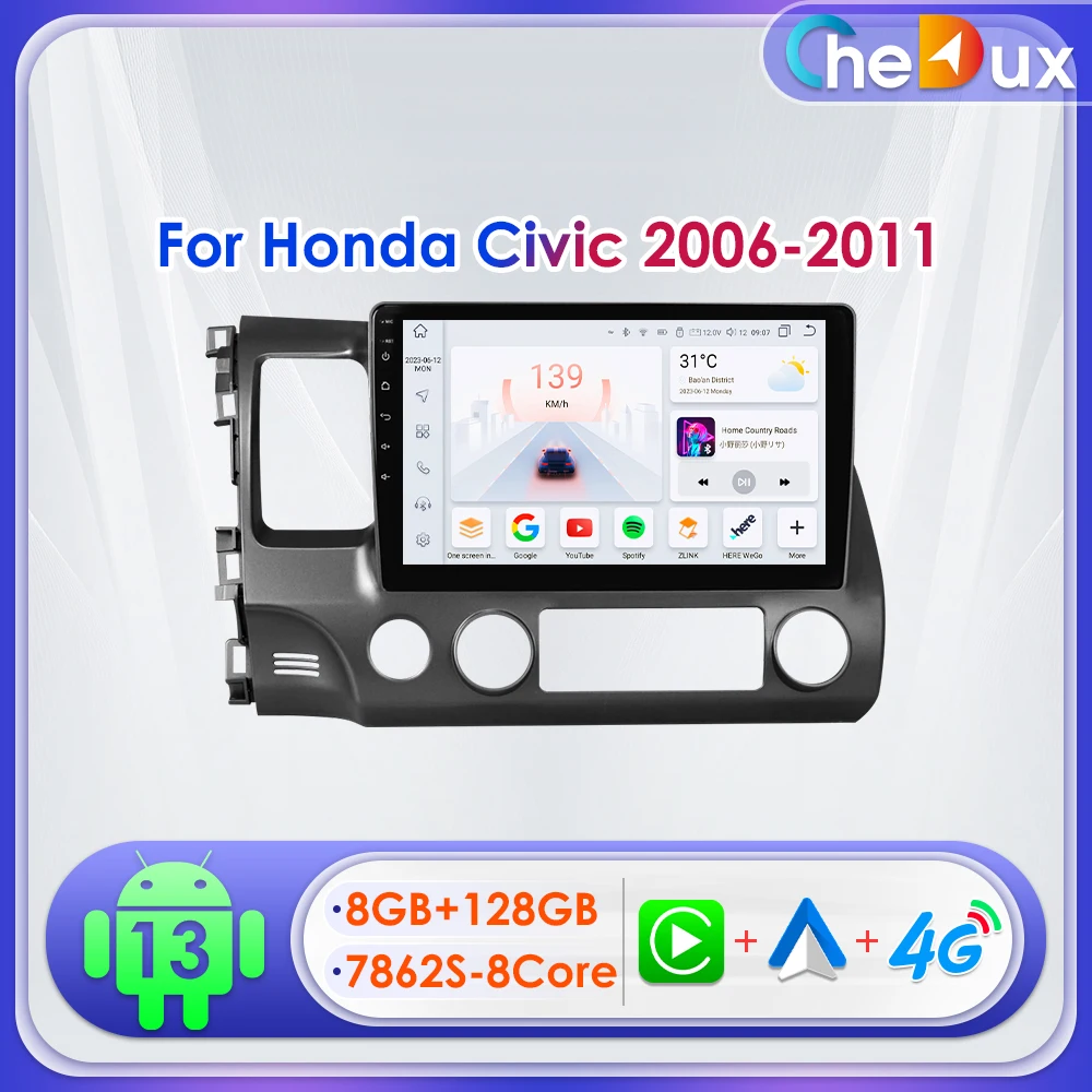 Chedux 2Din 10.1inch Android Auto Car Radio for Honda Civic 2006 - 2011 Multimedia Navi GPS RDS DSP CarPlay Quad Otca Core