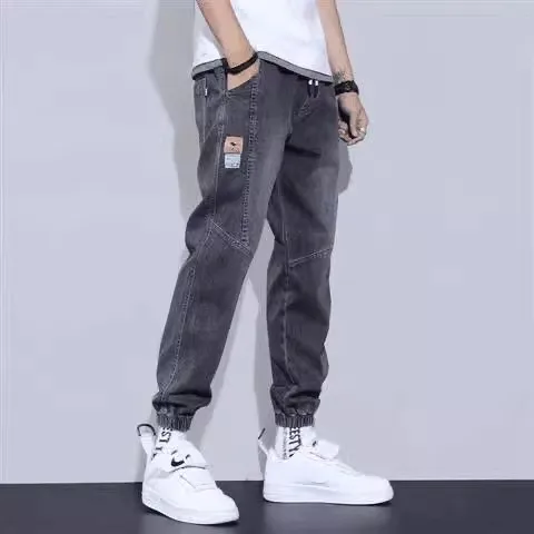 

Американские ретро джинсы с эластичной резинкой на талии, мужские весенне-осенние строители, рабочие свободные повседневные спортивные длинные брюки