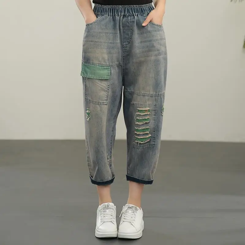 Famous brand jeans Vintage Hole star Embroidery Ankle-length Denim Jeans Female Casual Loose Harem Pant Trousers Cloth