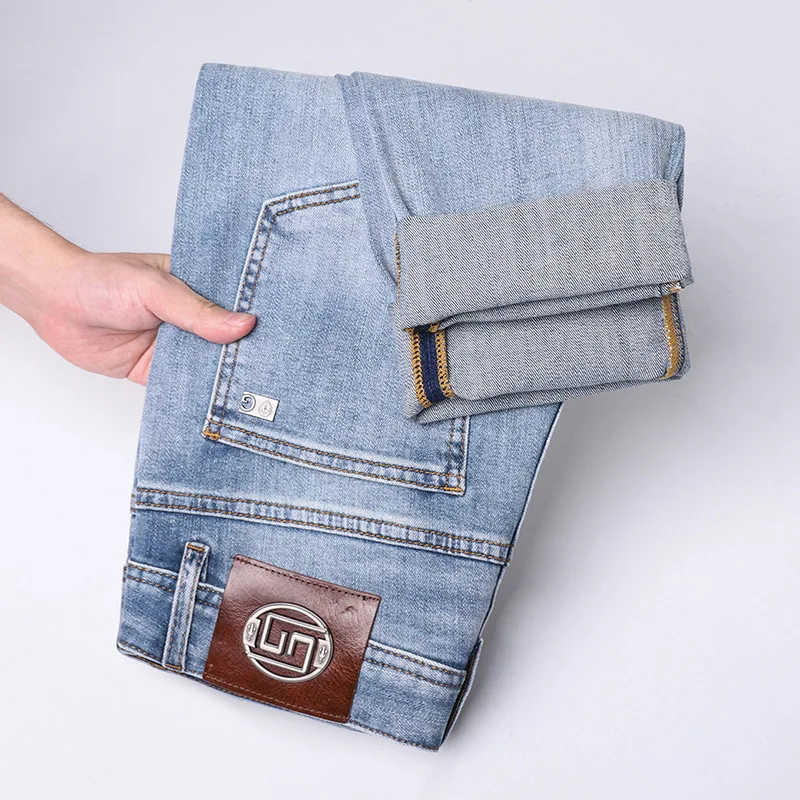 2024new light luxury high-end blue jeans men's simple fashion summer slim casual stretch office pants