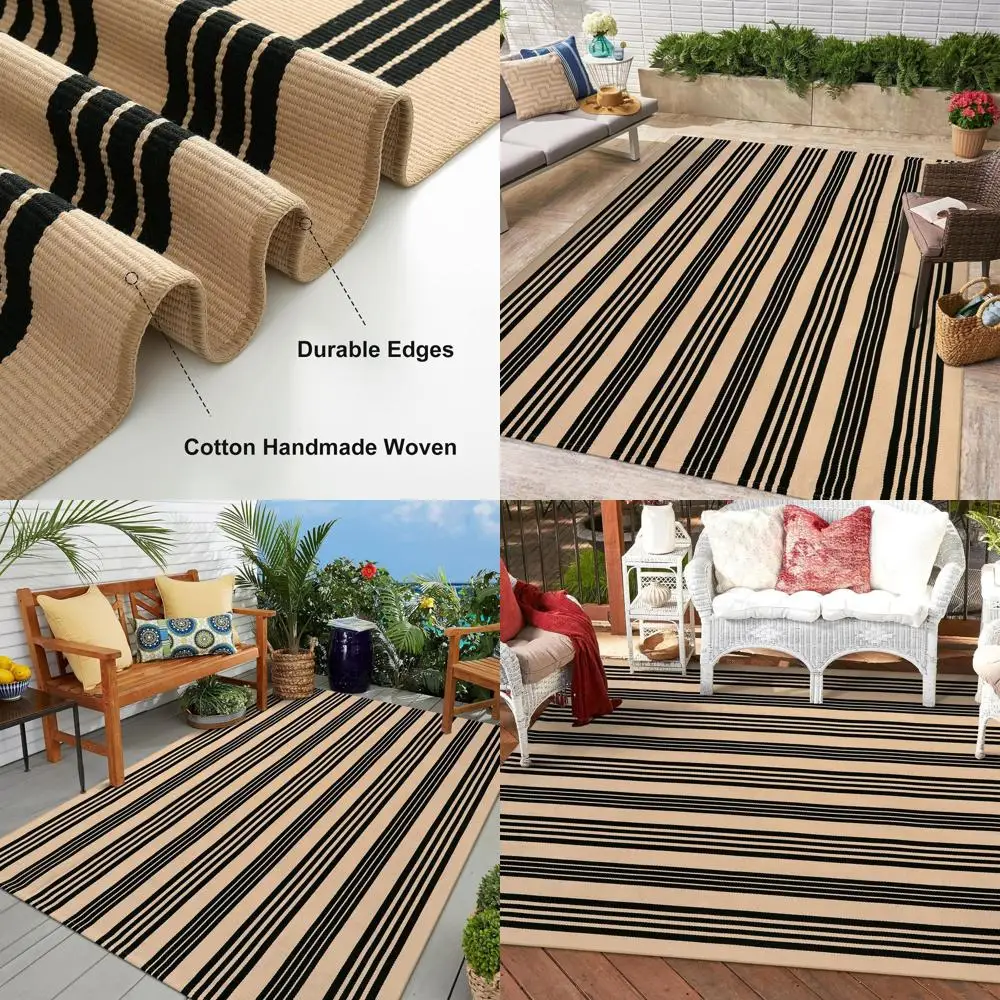 

Хлопковый уличный ковер 5'x7' в черно-коричневую полоску – машинная стирка, ручное плетение, для использования в помещении и на улице