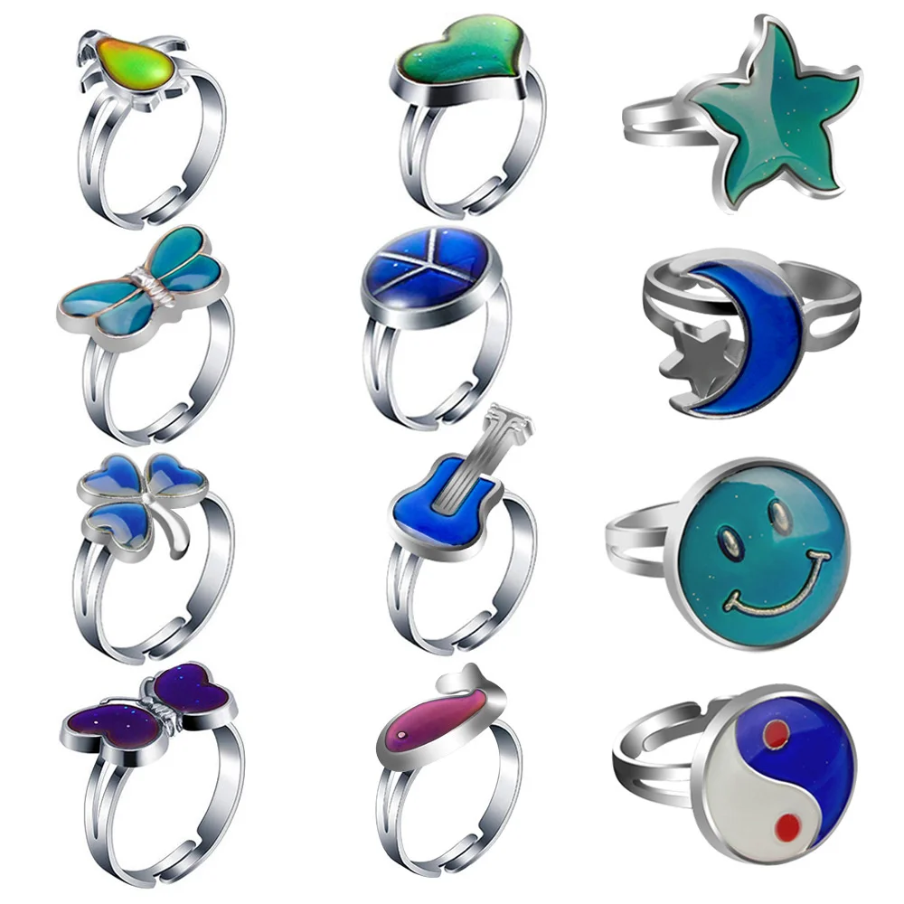 20Pcs/Lot Fashion Temperature Sensitive Color Changing Mood Children Jewelry Adjustable Ring Animal Face Plant Mixed Style Gift