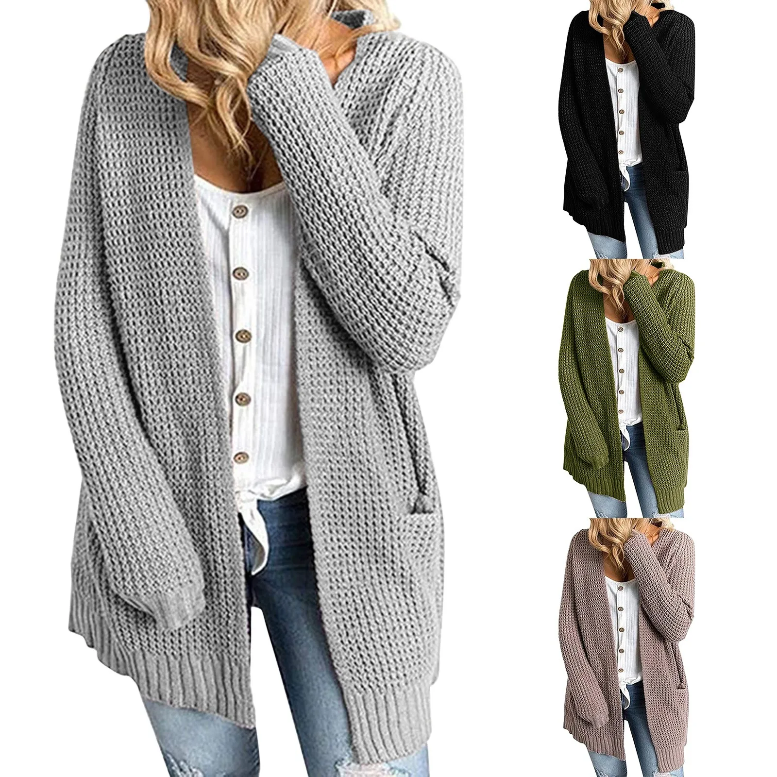 

Womens Ladies Solid V Neck Cardigan Long Sleeve Coat Pockets Outerwear