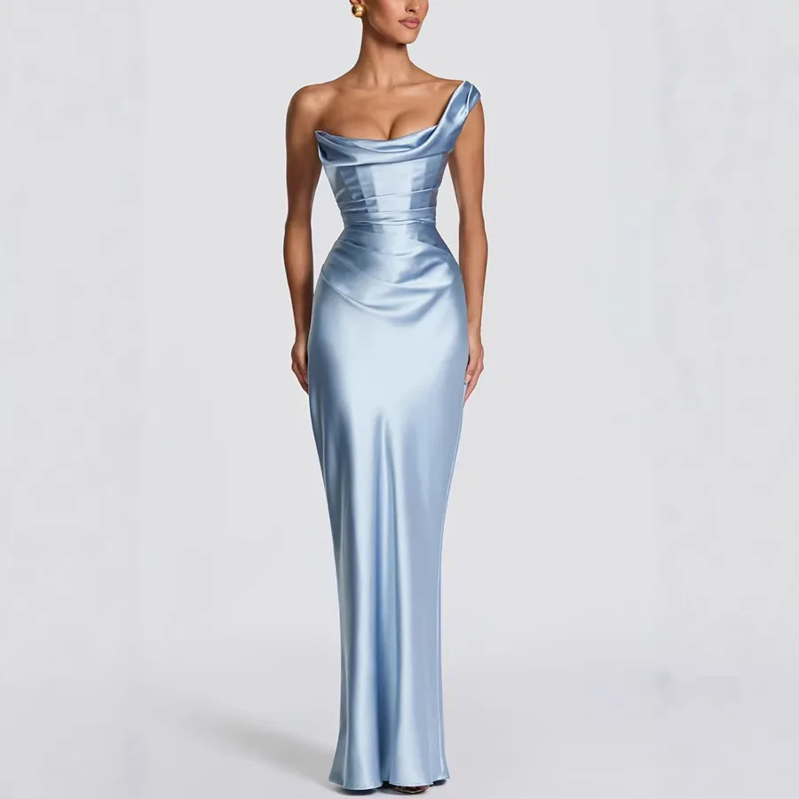 Elegant Women's Party Dresses Spring/Summer New Slant Shoulder Satin Bread Hip Dress Vestido Elegante Dama Balo Kıyafetleri