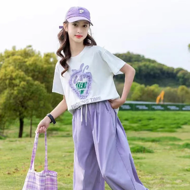Summer Teen Girls Clothes Set Strawberry Letter Print Short Sleeve T-shirt+Pants 2Pcs Suit For 5-14 Years Kids Casual Tracksuit