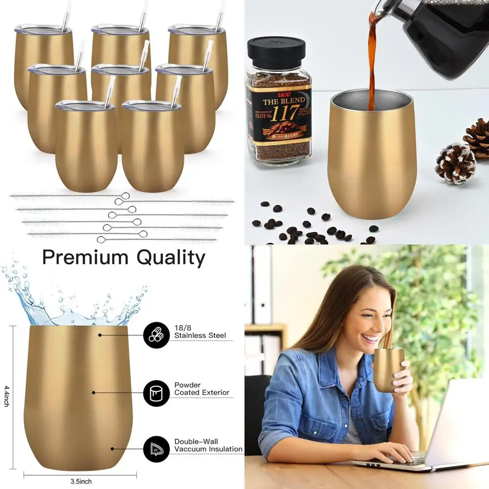 

12oz Insulated Stainless Steel Wine Tumblers Set of 8, Double Wall Stemless Cups with Lids for Coffee, Wine, Champagne, Gold