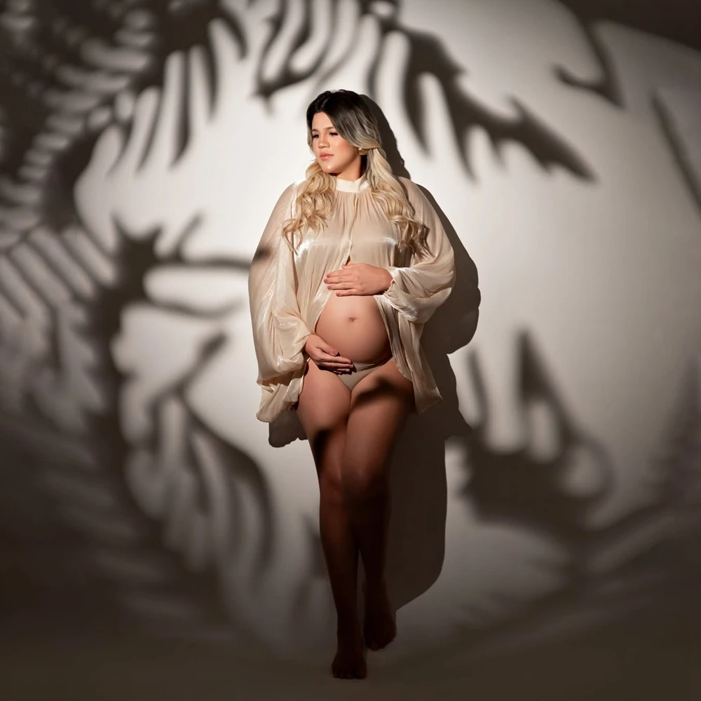 Maternity Photography Props Champagne Satin Gown Pregnancy Photo Shoot Outfit High-End Studio Posing Clothing view 3