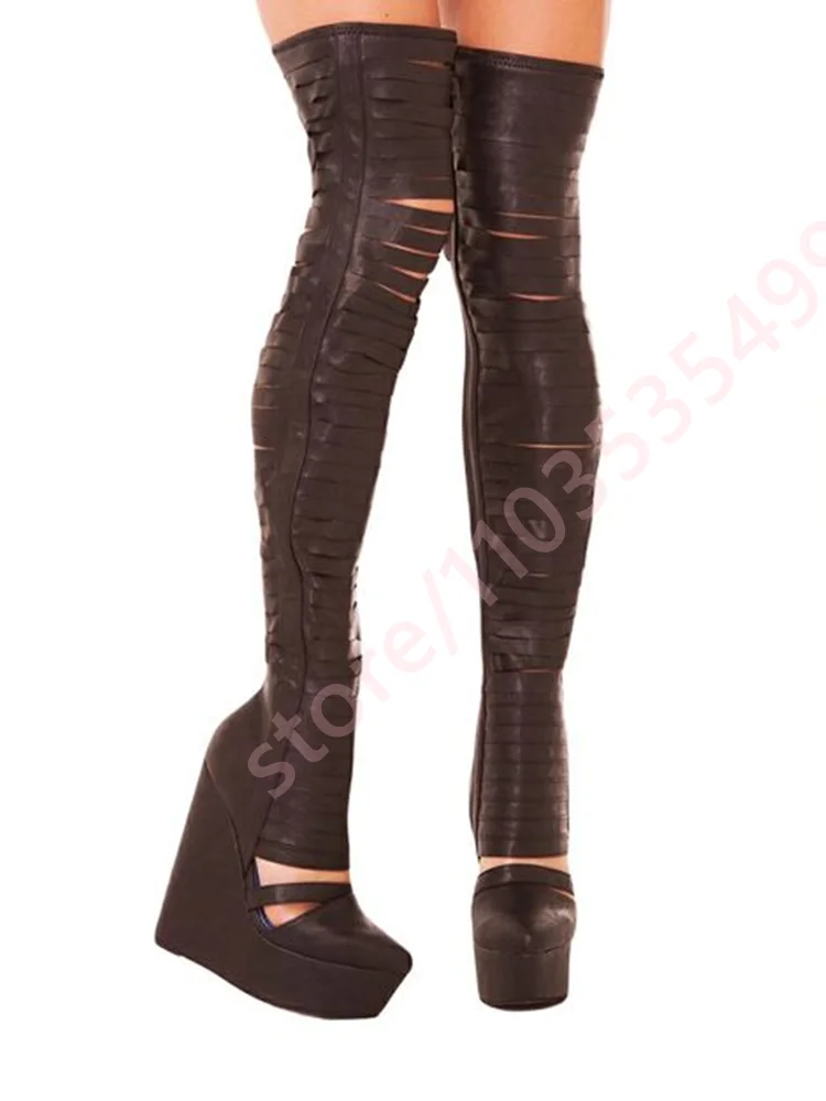 2026 Black Cutout Slashed Thigh High Wedge Boots Women Pointed Toe Platform Side Zipper Gothic Punk Nightclub Over The Knee Boot