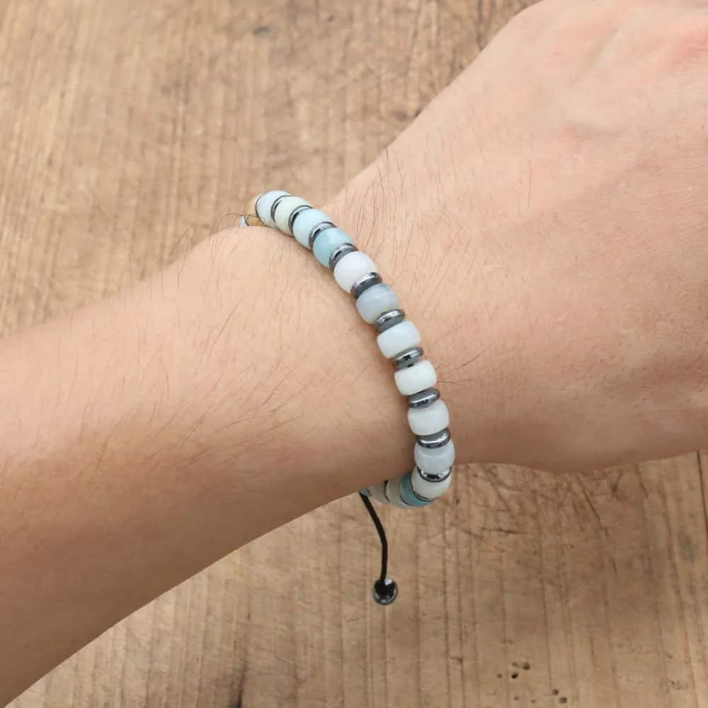 Amazonite Hematite Beaded Bracelet for Men Women Courage Protection Grounding Jewelry Gift