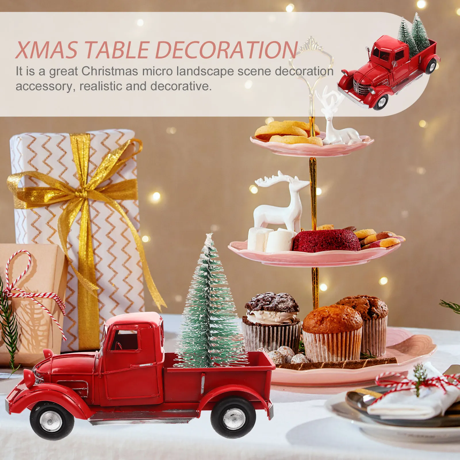 

Decoration Red Car Truck Table Iron Sculpture Vintage Metal Ornament with Tree