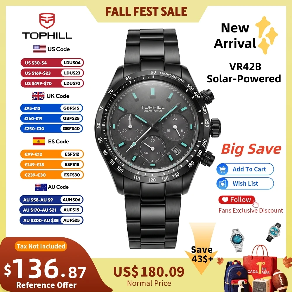 TOPHILL 42 mm VR42B solarbetriebene Chronographen-Quarzuhr für Herren, 4,5 Stunden Datumsfenster, Saphirglas, C3, grün leuchtend, 5 Bar, TL029G