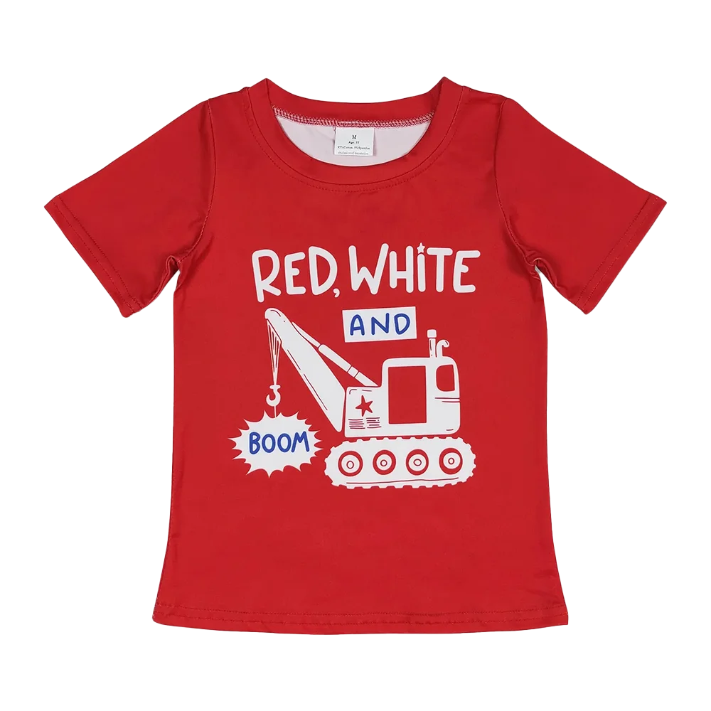 

Red White Boom Constructions Boys 4th of July Shirt Patriotic Construction Themed Top for Kids