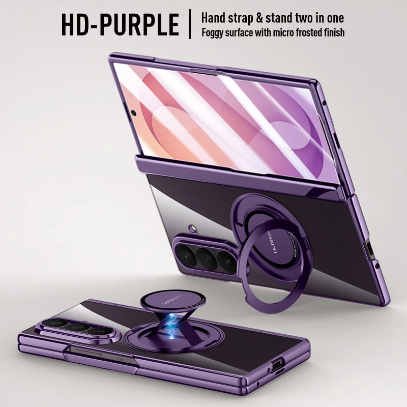 Luxury Case For Samsung Galaxy Z Fold 8 Ultra Magnetic 3 in 1 Hand Strap Ring Stand Hard PC Cover With HD Privacy Glass Film