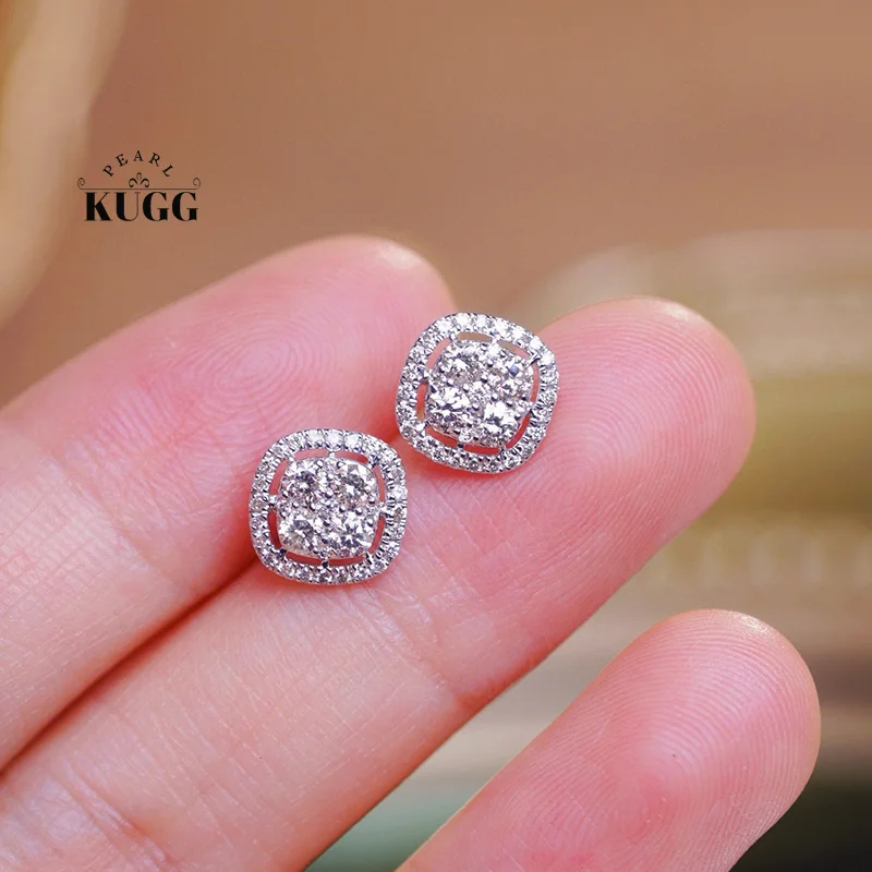 KUGG 18K White Gold Earrings Classic Cushion Design 0.70carat Real Natural Diamond Stud Earrings for Women High Wedding Jewelry