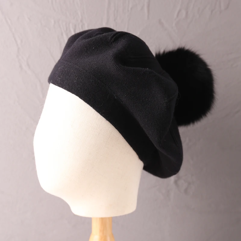 Autumn Winter Black Real Fur Pom Pom Wool Berets Women Casual Knitted  Beret with  Ladies Cashmere Winter Hat Female