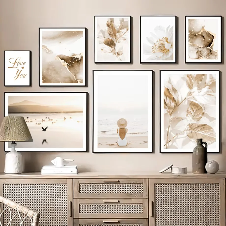 Art mural en toile minimaliste nordique moderne, imprimé floral beige et enge, parfait pour la décoration de salon, parfait pour la décoration de chambre