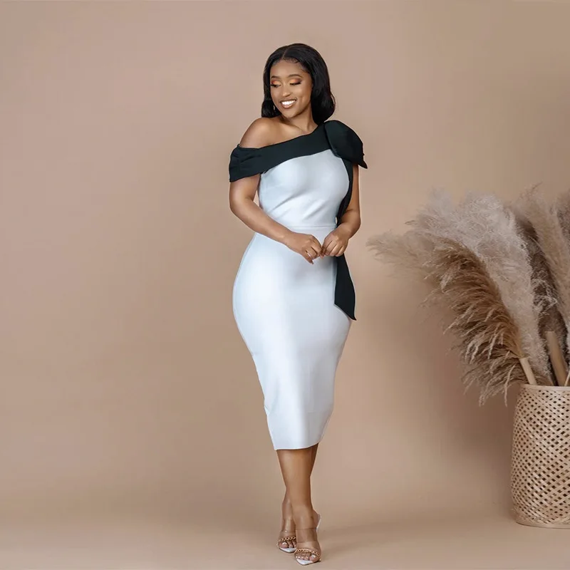 

White One-Shoulder Bowknot Slim Fit Socialite Bandage Dress Gown