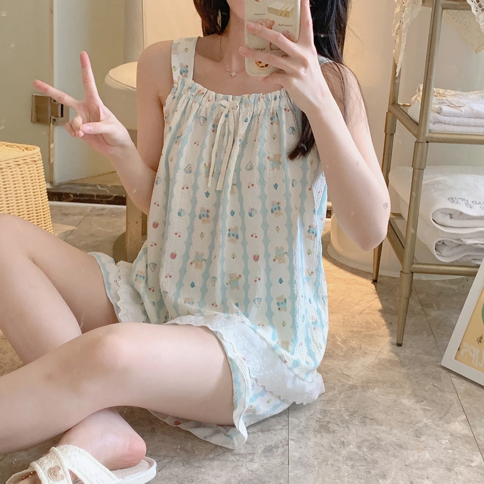 スイートバブルコットンノースリーブベストとショートパンツパジャマセット女の子用かわいい漫画スタイル夏軽量快適な寝間着 1